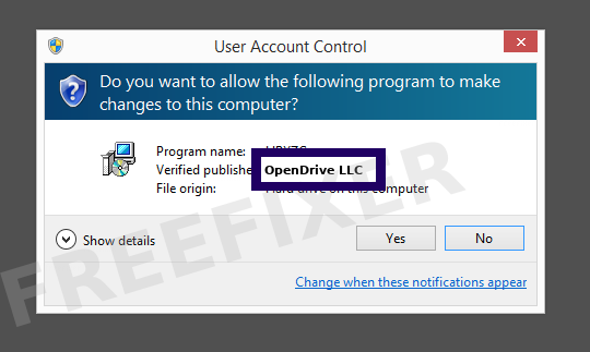 Screenshot where OpenDrive LLC appears as the verified publisher in the UAC dialog